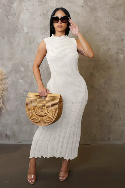 Cralom Women's Sleeveless Knitted Dress Solid Color Beach Long Skirt Summer 2024