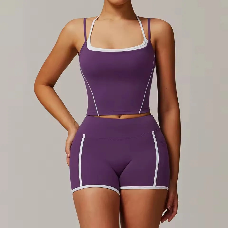 Cralom 2-Piece Gym Leggings Set: Sports Bra & Crop Top Fitness Suit
