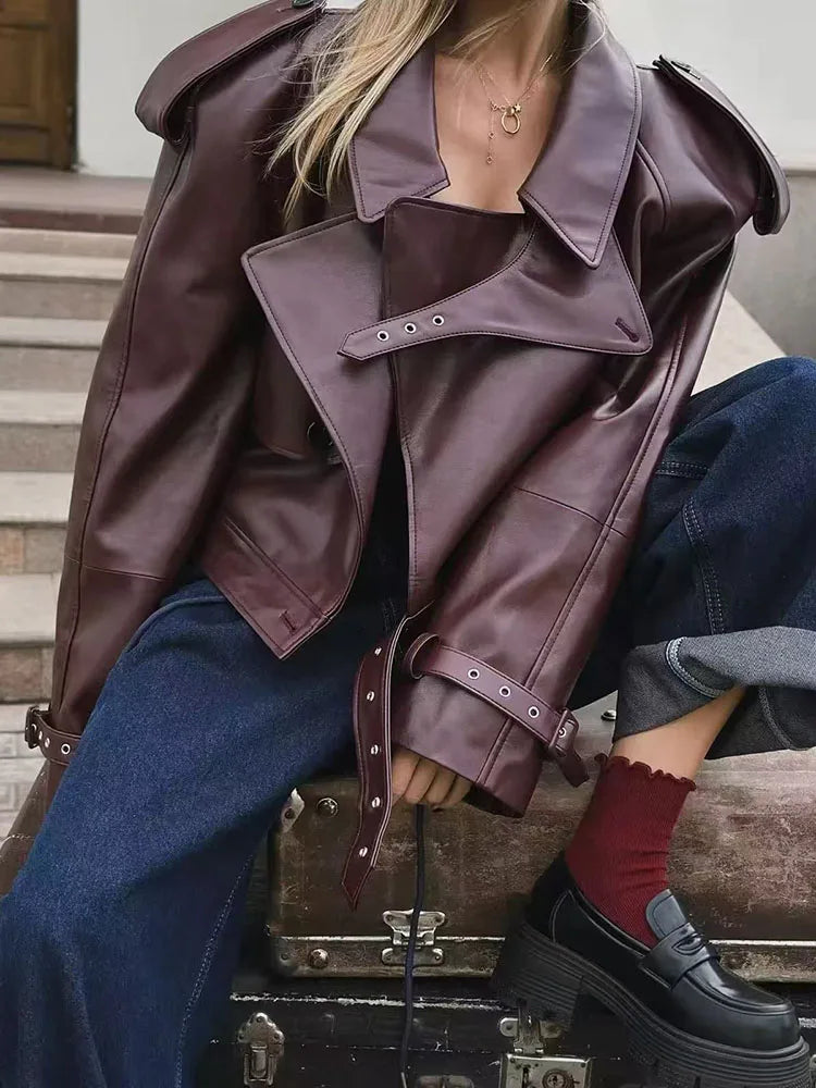 Cralom Faux Leather Jacket Casual Lady Lapel Zipper High Street Motorcycle Coat