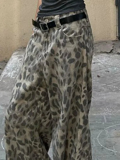 Cralom Vintage Distressed Leopard Jeans: High Waist Wide Leg Pants