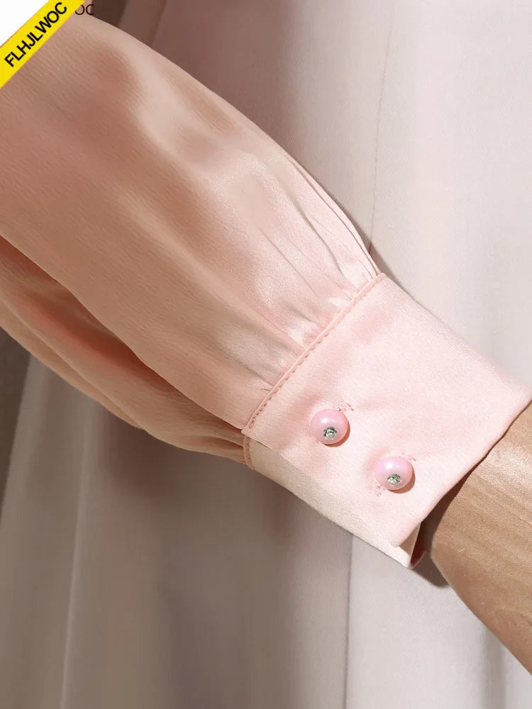 Cralom French Elegance Pink Blouse Long Sleeve Beaded Tops Office Lady New Design 2025