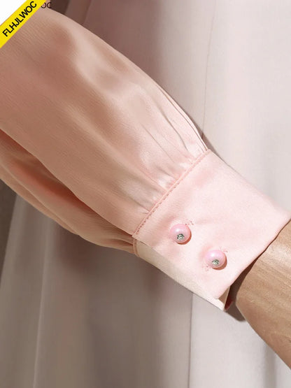 Cralom French Elegance Pink Blouse Long Sleeve Beaded Tops Office Lady New Design 2025