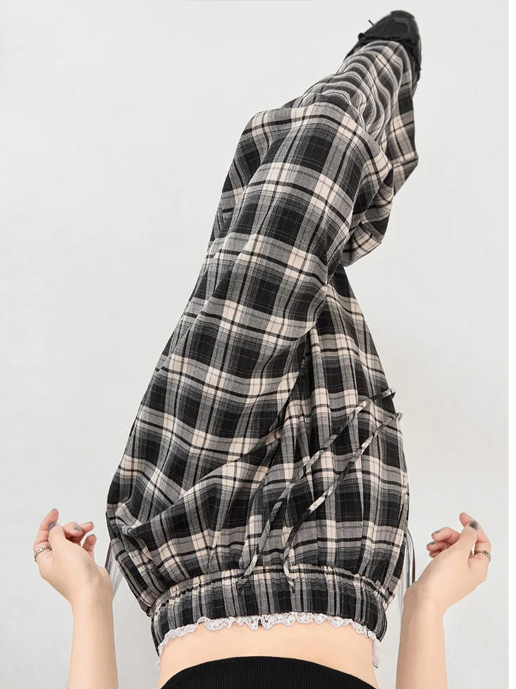 Cralom Plaid Lace Spliced Wide Leg Pants - Spring/Summer 2025 Collection
