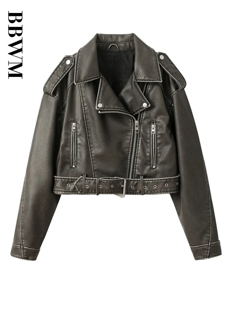 Cralom Retro Zipper Belt Motorcycle Jacket - 2023 Spring Chic Slim Fit Top