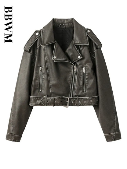 Cralom Retro Zipper Belt Motorcycle Jacket - 2023 Spring Chic Slim Fit Top