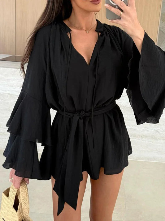 Cralom Deep V Neck Long Sleeve Mini Dress - 2025 Spring Summer Fashion