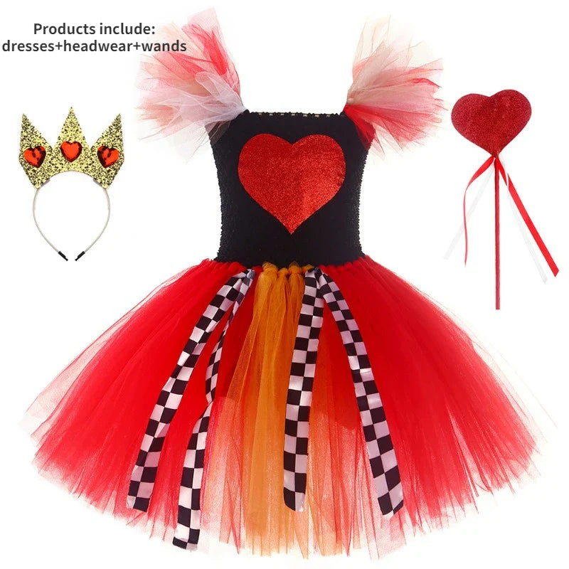 Cralom Red Queen Tutu Dress with Crown Wand Set for Girls Halloween Costume