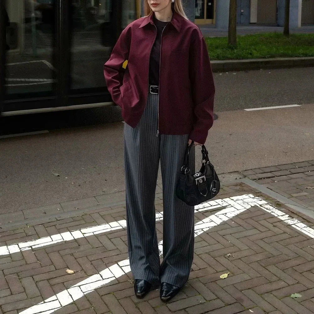 Cralom Solid Spliced Lapel Jacket Loose Fit Minimalist Chic Coat