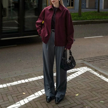 Cralom Solid Spliced Lapel Jacket Loose Fit Minimalist Chic Coat