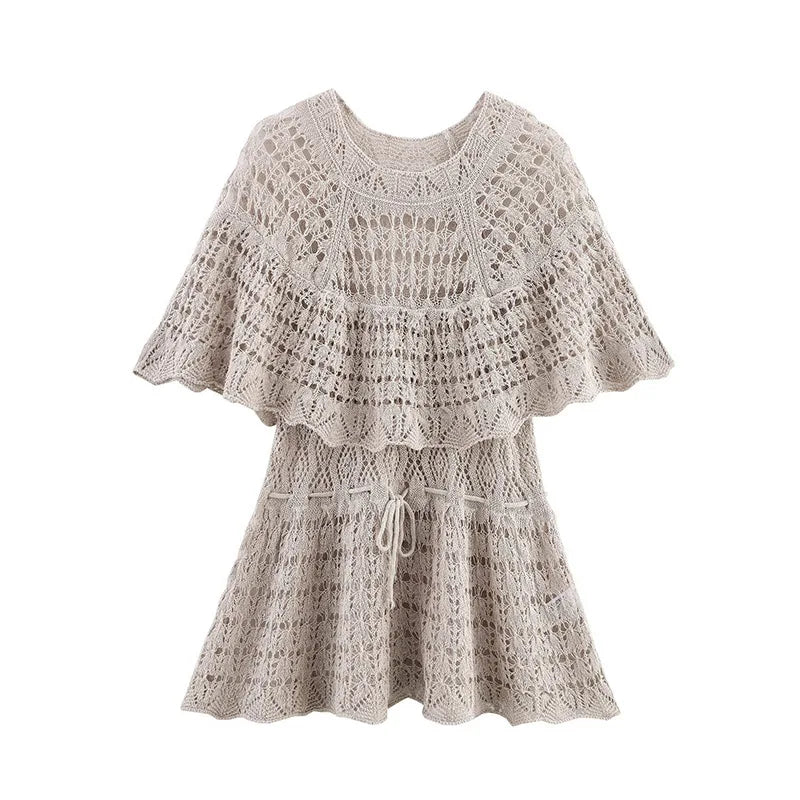 Cralom Hollow Out Ruffles Knit Sweater - High Waist Drawstring O-neck Top