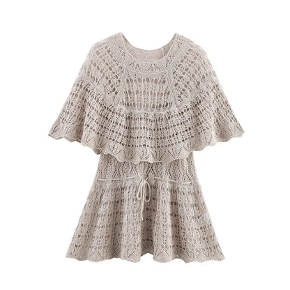 Cralom Hollow Out Ruffles Knit Sweater - High Waist Drawstring O-neck Top