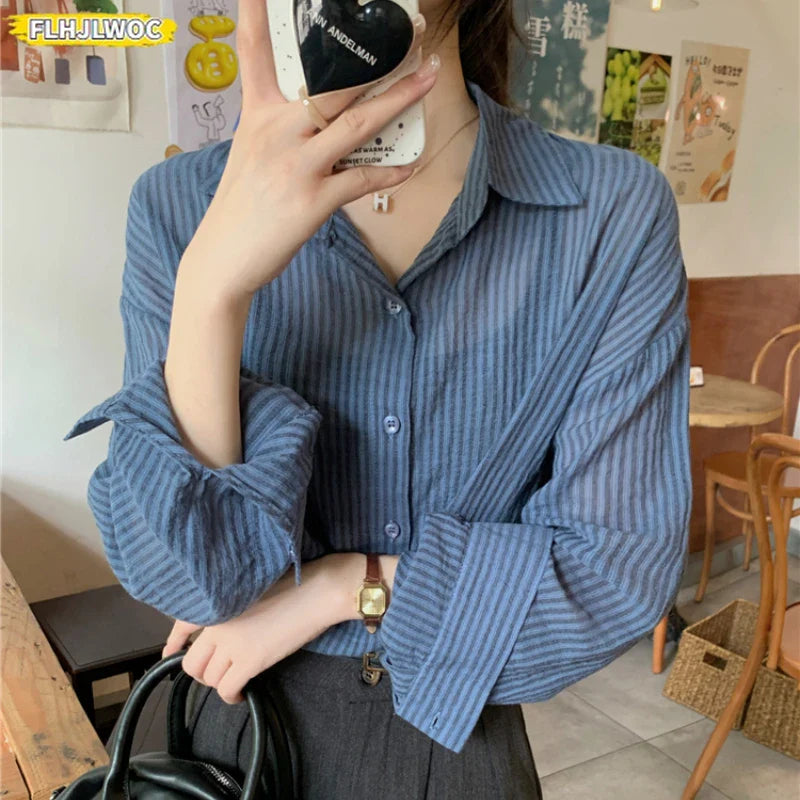 Cralom Striped Boyfriend Shirt: Lazy Korea Style Retro Loose Button Long Sleeve Blouse