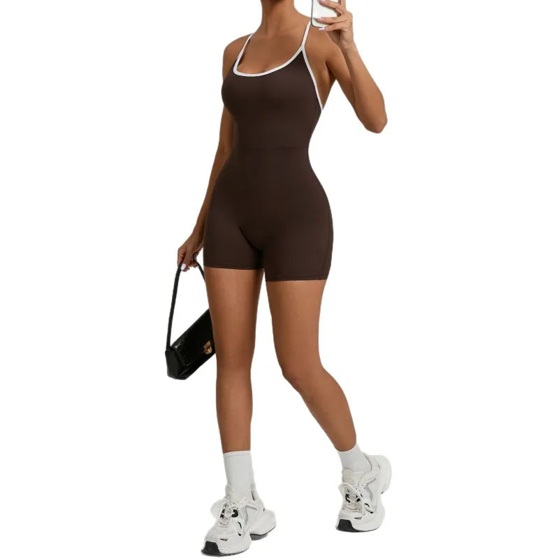 Cralom Color Block Yoga Jumpsuit for Women: Cross Strap, Push-Up, Butt-Lifting Bodysuit