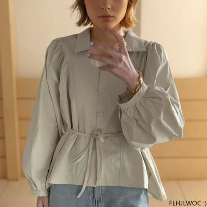 Cralom Autumn Cotton Turtleneck Tops, Chic French Style Button Shirts