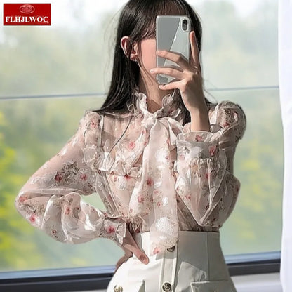 Cralom Ruffled Stand Collar Blouse 2025 Y2K Summer Chic Japan Cute Bow Tie Tops