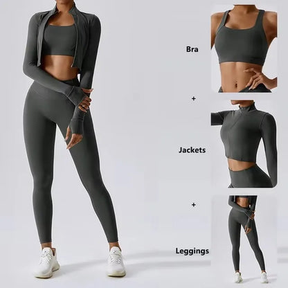 Cralom 3Pcs Yoga Set for Women: Workout Suit, Quick-Drying Material, Gym Jackets