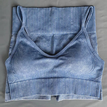 Cralom Sand Washed Seamless Yoga Set: Sports Bra & High Waist Gym Shorts