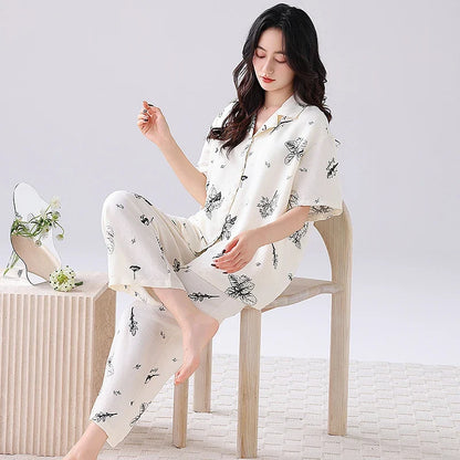 Cralom Floral Print Pajama Set: Short Sleeve Top with Built-in Bra and Breathable Pants