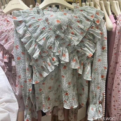 Cralom Floral Print Ruffles Top for Women - Retro Vintage Style