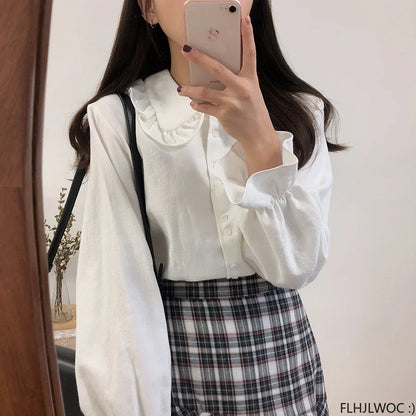 Cralom Flare Sleeve Peter Pan Collar Ruffles White Button Shirt