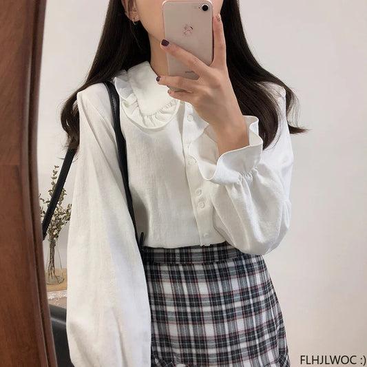 Cralom Flare Sleeve Peter Pan Collar Ruffles White Button Shirt
