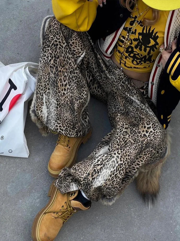 Cralom Vintage Leopard Wide Leg Jeans - Y2K Fashion Streetwear