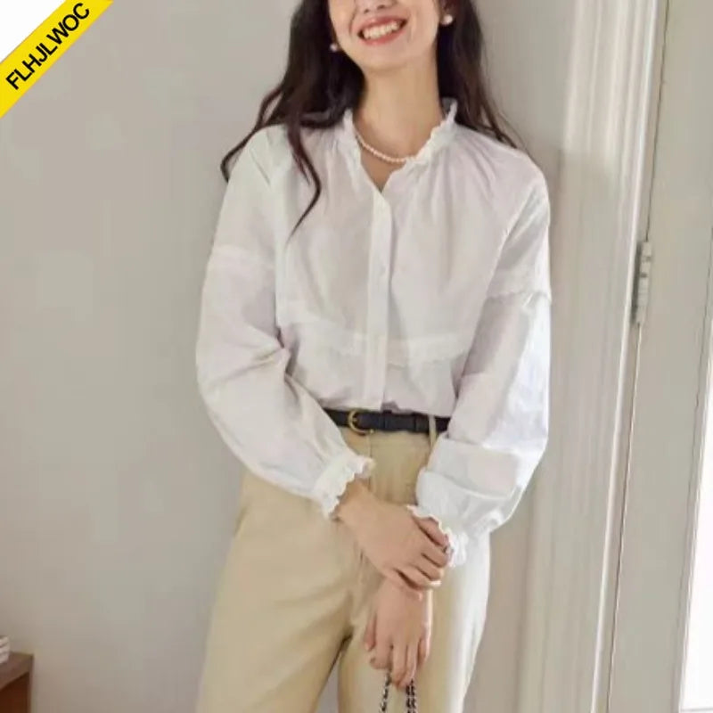 Cralom White Ruffles Lace Stand Collar Blouse Women Preppy Style Basic Shirt