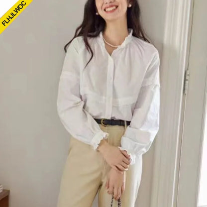 Cralom White Ruffles Lace Stand Collar Blouse Women Preppy Style Basic Shirt