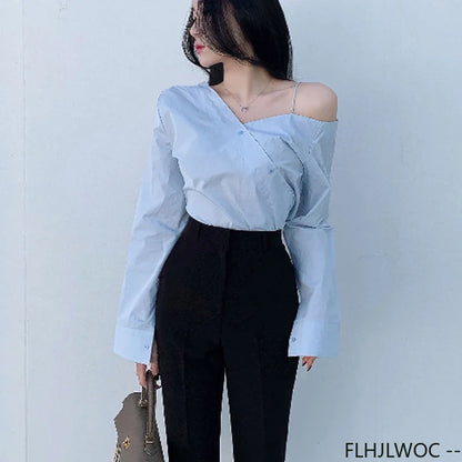 Cralom Button Blue One Shoulder Top: Office Chic Flare Sleeve Blouse