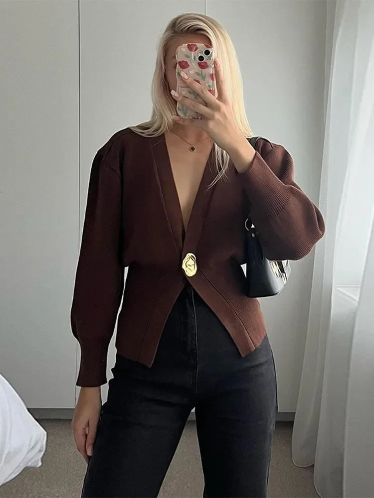 Cralom Deep V-Neck Knitted Cardigan: Elegant Metal Button High Streetwear Top