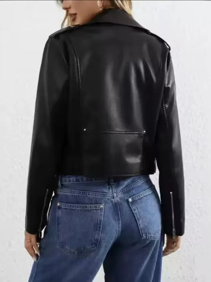 Cralom Faux Leather Lady Jacket Zipper Short Motorcycle Coat