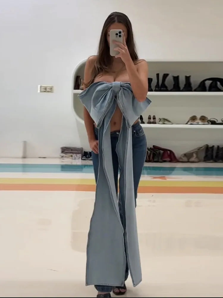 Cralom Denim Bow Long Ribbon Top - Backless Hollow Out Sleeveless Party Vest