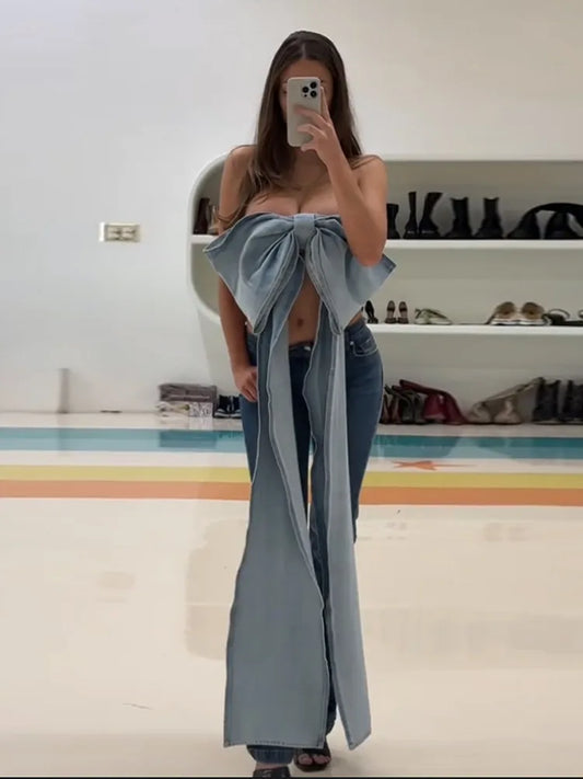 Cralom Denim Bow Long Ribbon Top - Backless Hollow Out Sleeveless Party Vest