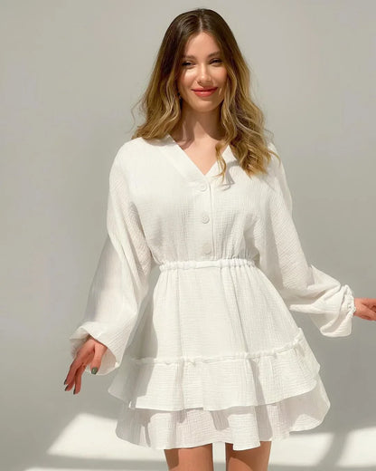 Cralom Women's Layered V-Neck Button Dress - 2024 Summer Collection
