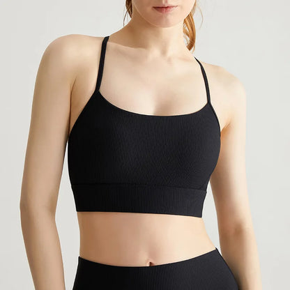 Cralom Ribbed Yoga Bra with Built-in Pads and Thin Straps for Gym and Running