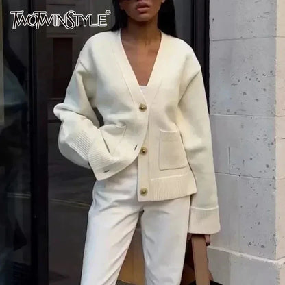 Cralom V Neck Button Loose Jackets | Solid Spliced Long Sleeve Coats