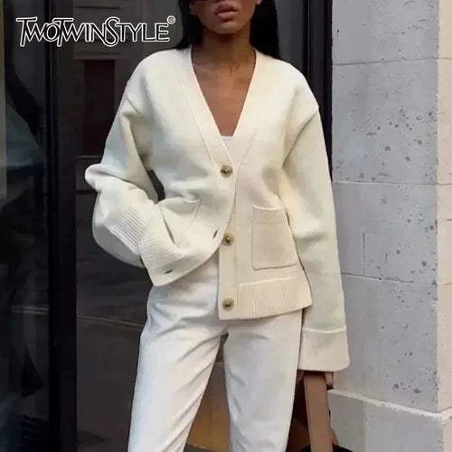 Cralom V Neck Button Loose Jackets | Solid Spliced Long Sleeve Coats