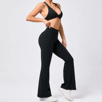 Cralom Flared Pants & Beauty Back Bra Set - Brushed Fabric Yoga Suit