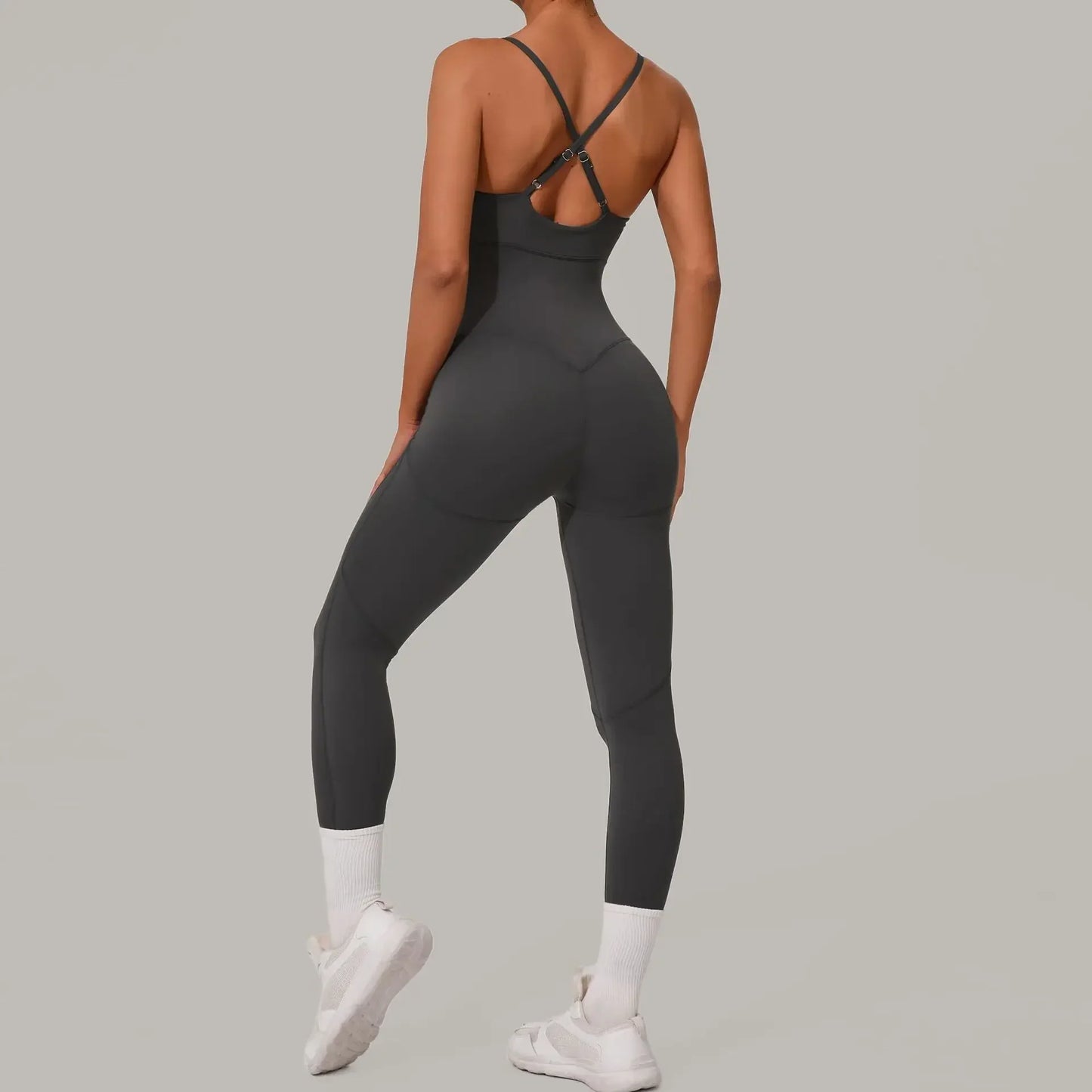 Cralom Seamless Cross Back Yoga Jumpsuit - Adjustable Straps, Butt Lifting