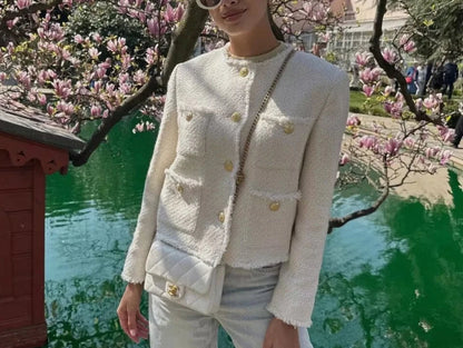Cralom Solid Spliced Button Short Coat O Neck Long Sleeve Minimalist Women's Fashion