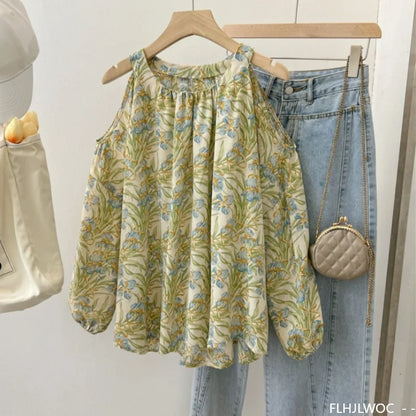 Cralom Floral Print Chiffon Off-Shoulder Top - Green