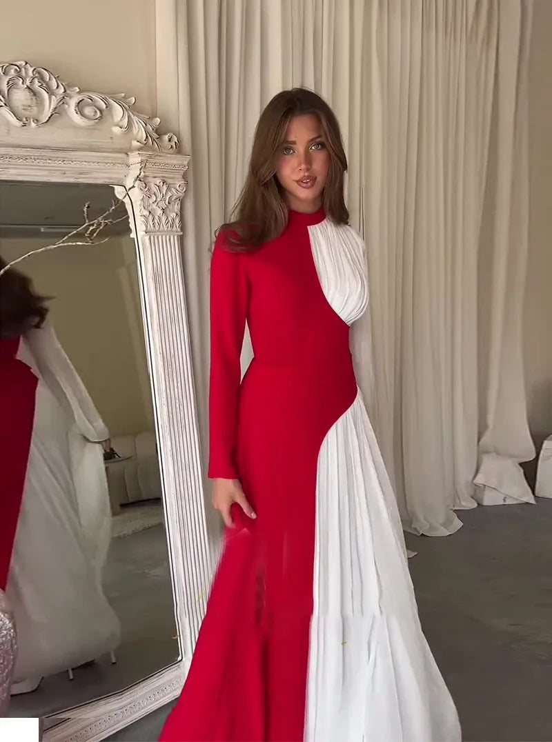 Cralom Retro Dress: Round Neck Long Sleeve Slim Fit High Waist 2025 Autumn
