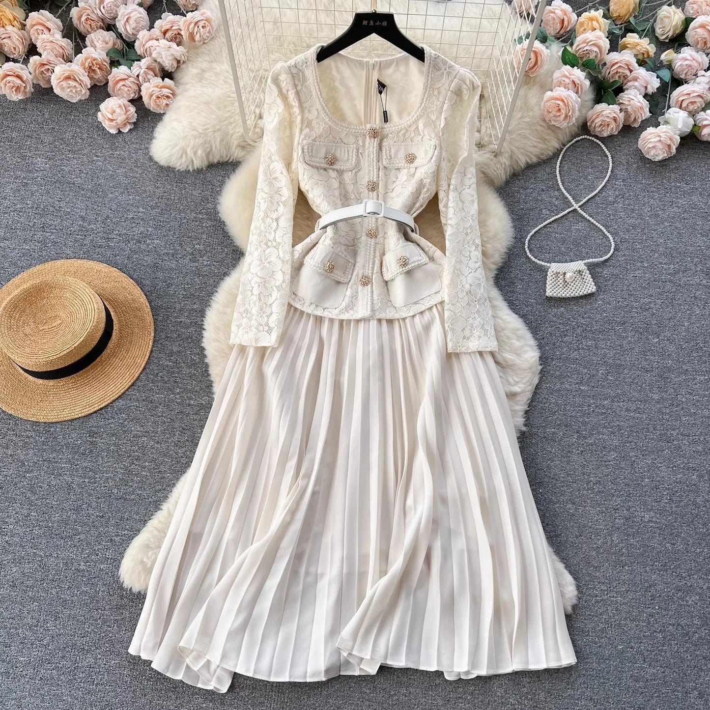 Cralom 2024 Autumn Lace A-line Two Piece Dress