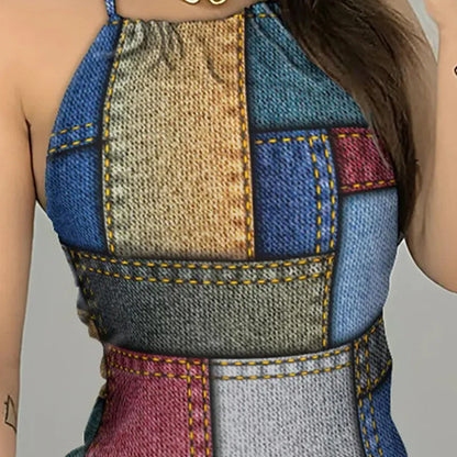 Cralom Halter Denim Print Summer Dress - Backless Sleeveless Daily Mini