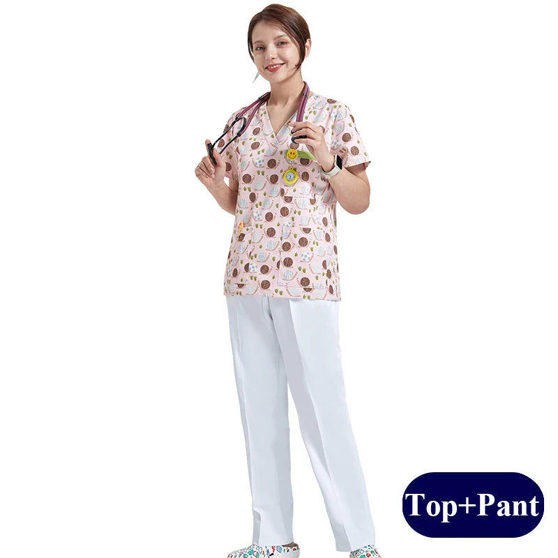 Cralom Pig Print V-Neck Top & White Pants Set for Women
