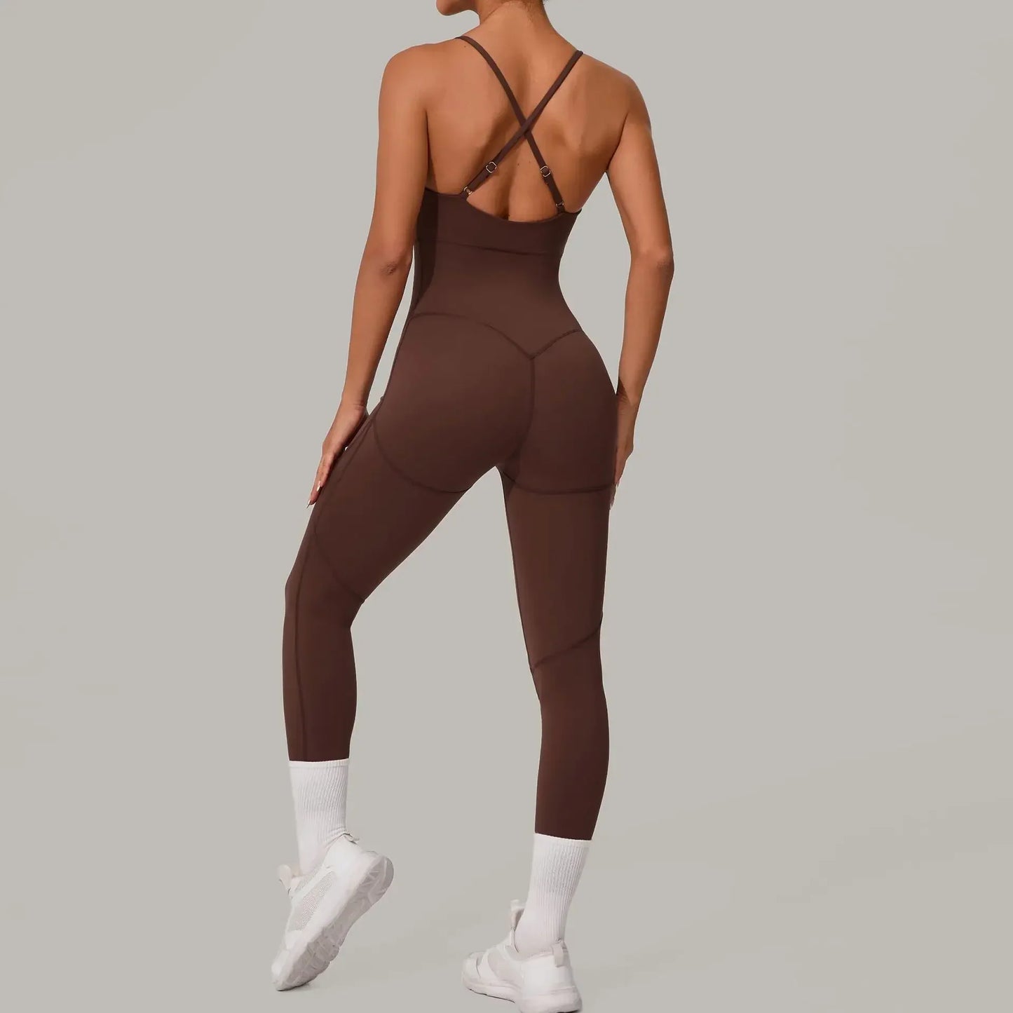 Cralom Seamless Cross Back Yoga Jumpsuit - Adjustable Straps, Butt Lifting