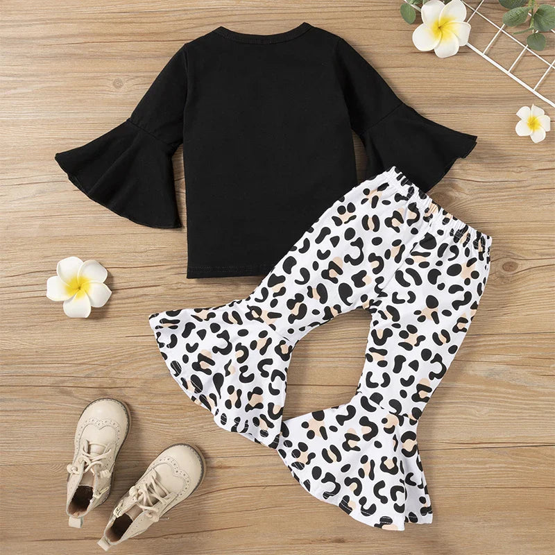 Cralom Baby Girl Black Top + Leopard Print Bell-Bottoms Set for 2-8 Years