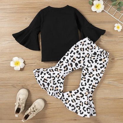 Cralom Baby Girl Black Top + Leopard Print Bell-Bottoms Set for 2-8 Years