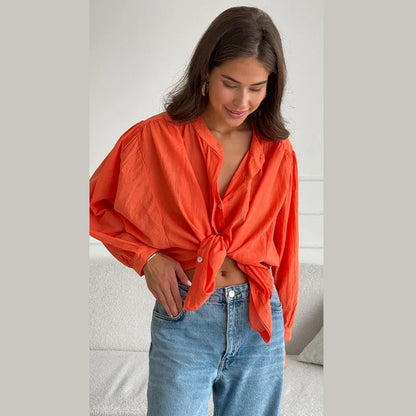 Cralom Solid Chiffon Shirt O Neck Long Sleeve Elegant Blouse