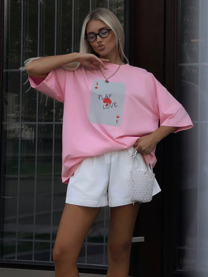 Cralom Poker Card Print T-Shirt Women's O-Neck Summer Top